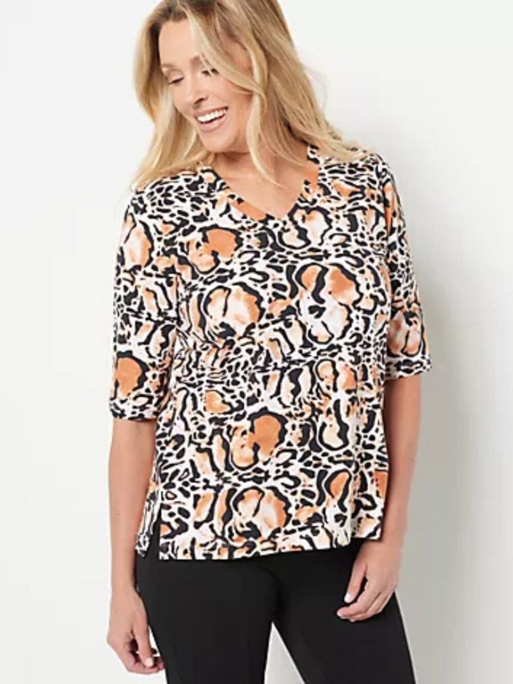 Attitudes by Renee Washed Cotton V-Neck Elbow Sleeve Top 3X New